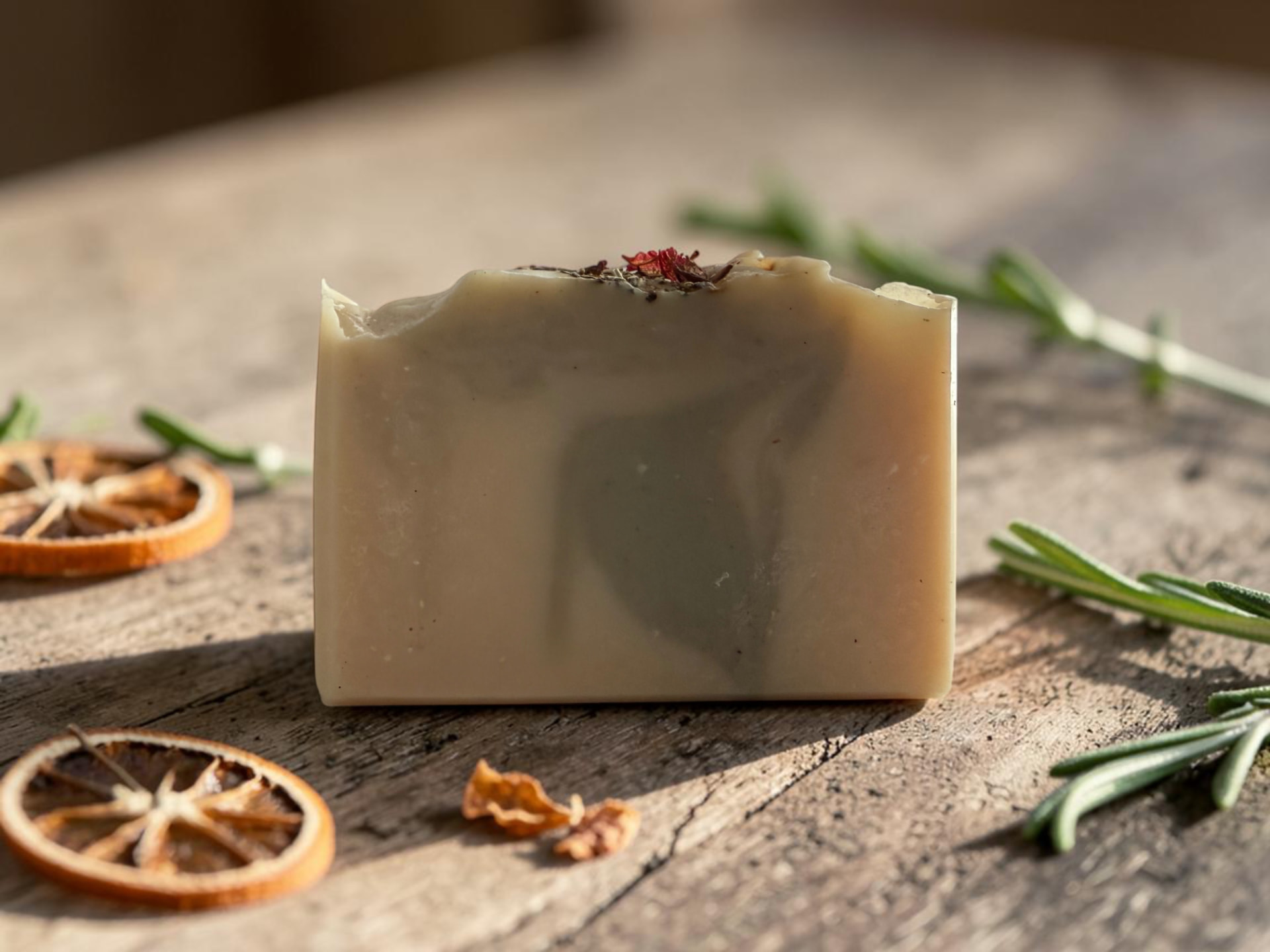 Sweet Orange & Rosemary Soap, a creamy handmade bar with a soft olive grey swirl and botanical bits along the top, resting on weathered wood beside dried orange slices and fresh rosemary sprigs