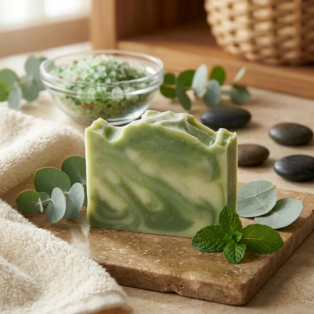 Eucalyptus Mint Soap, a marbled sage green and cream bar on a travertine stone slab with a folded white towel, fresh mint and eucalyptus sprigs, a glass bowl of green bath salts, and smooth river stones
