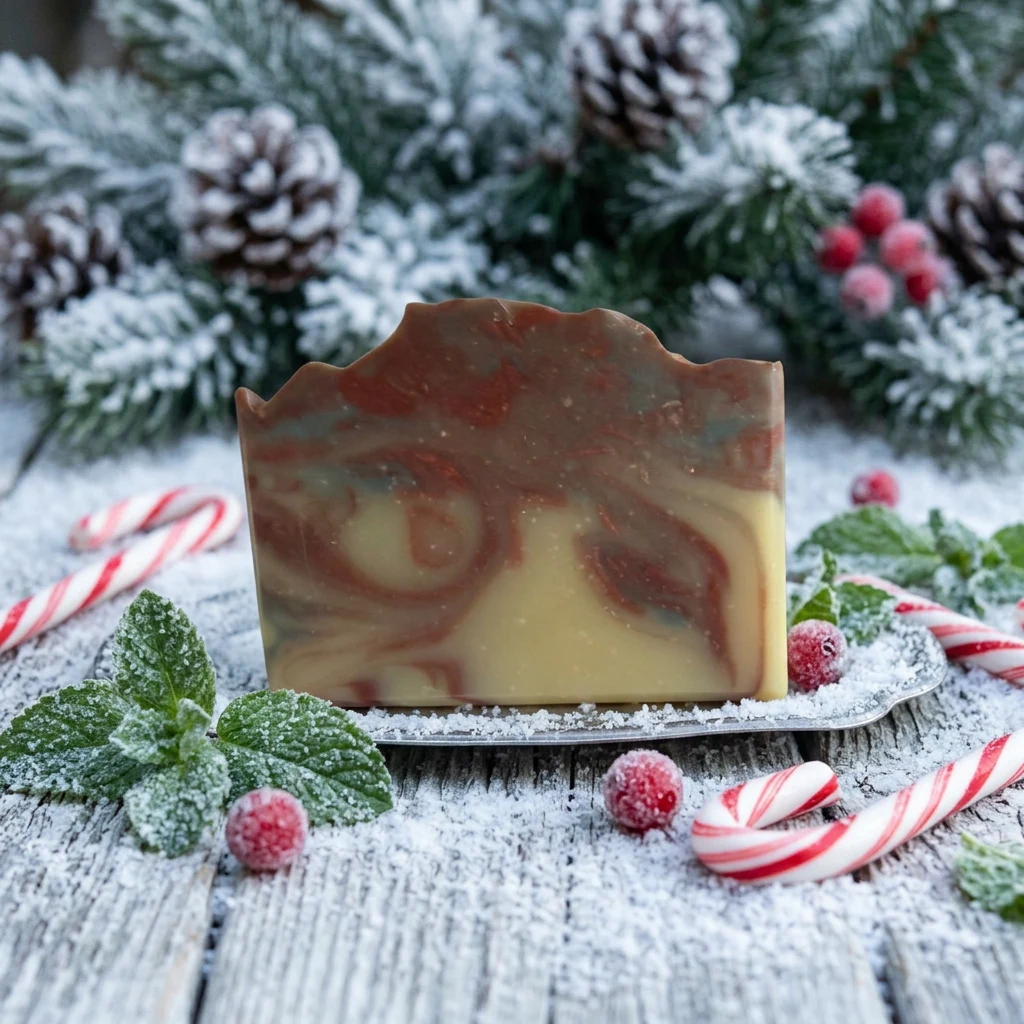 Enchanted Peppermint Soap, a handcrafted bar with warm brown and terracotta swirls on a small silver tray beside frosted mint and red berries