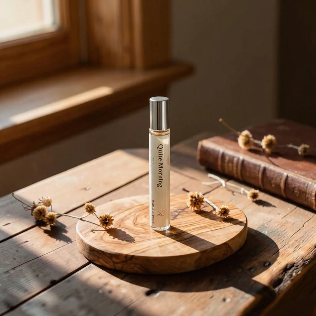 Quiet Morning Perfume Oil, a slim rollerball bottle standing on a wooden table near a sunlit window with dried flowers